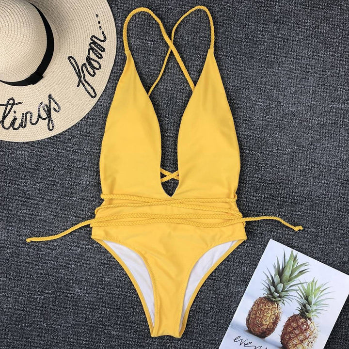 Plunge-Neck One-Piece Swimsuit Decorative Cord Detail