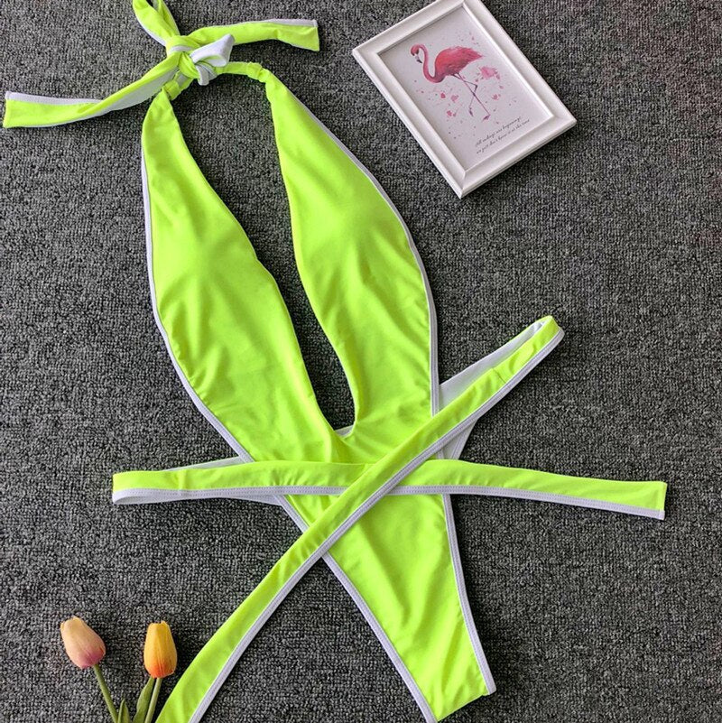 Deep-Neckline Multi-Pattern One-Piece Swimsuit