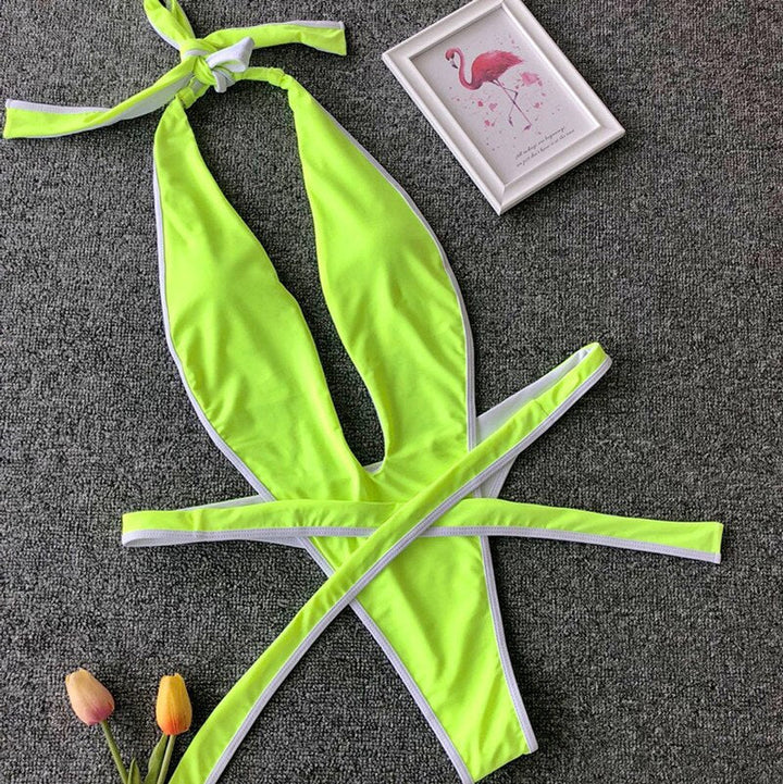Deep-Neckline Multi-Pattern One-Piece Swimsuit