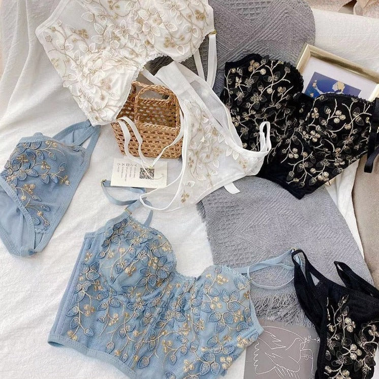 Floral Embroidery Corset Top and Panties Set