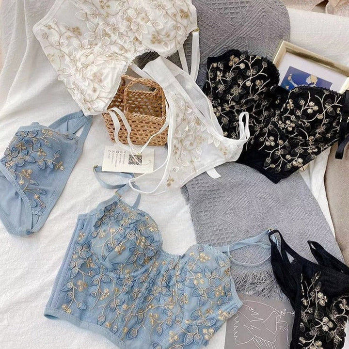 Floral Embroidery Corset Top and Panties Set