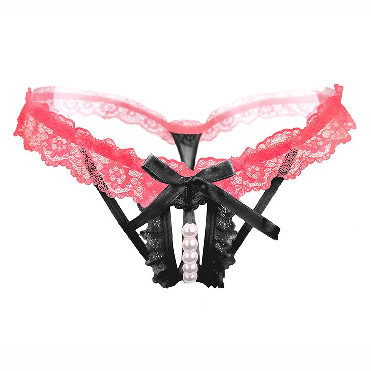 Black Red Lace and Pearl Decorative Thong