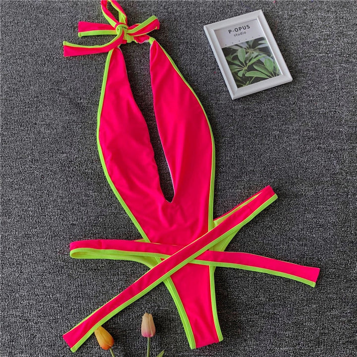 Deep-Neckline Multi-Pattern One-Piece Swimsuit
