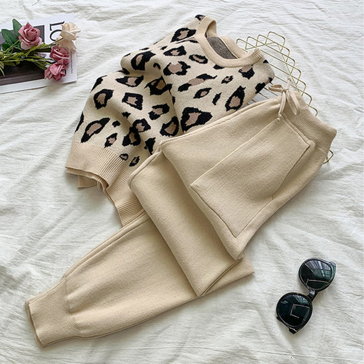 Leopard Print Warm Sweater and Pants Homewear Set
