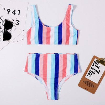 High-Waist Two-Piece Swimsuit Vertical Straps
