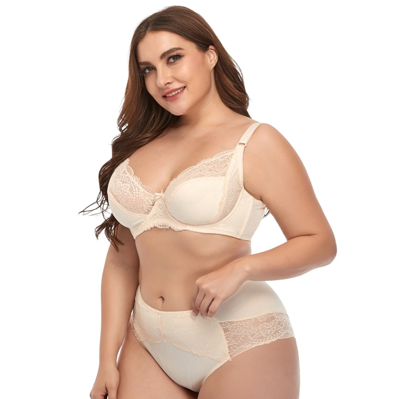 Plus Size Moulded-Cup Lace-Trim Lingerie Set