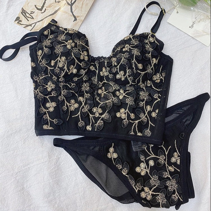 Floral Embroidery Corset Top and Panties Set