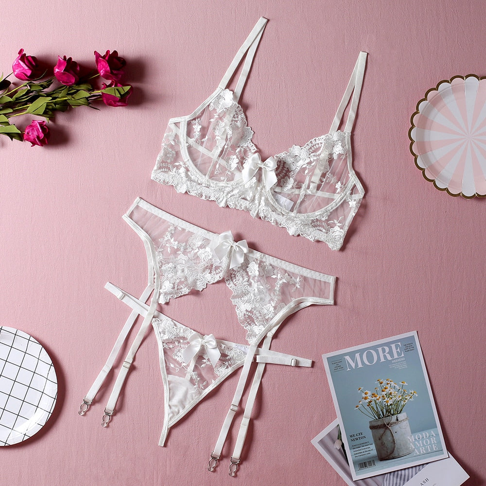 Lace Bow-Detail Bra Garter Panties Set