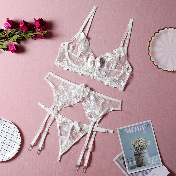 Lace Bow-Detail Bra Garter Panties Set