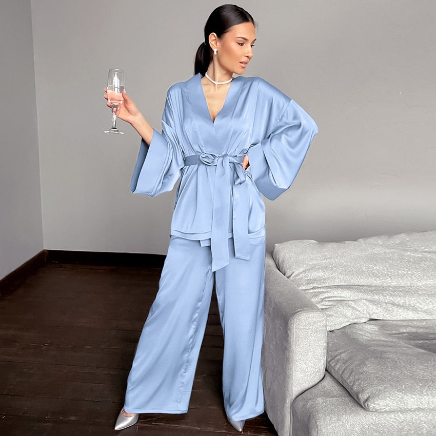 Long Satin Shirt and Pants Pyjama Set