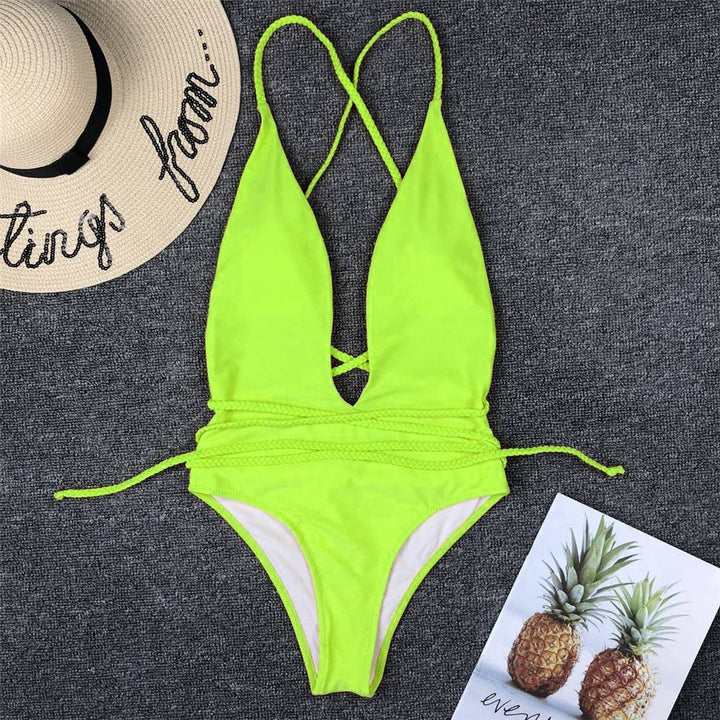 Plunge-Neck One-Piece Swimsuit Decorative Cord Detail
