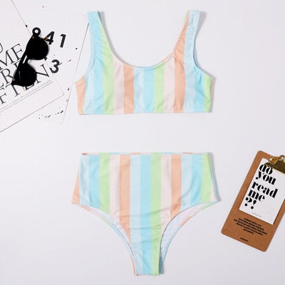 High-Waist Two-Piece Swimsuit Vertical Straps