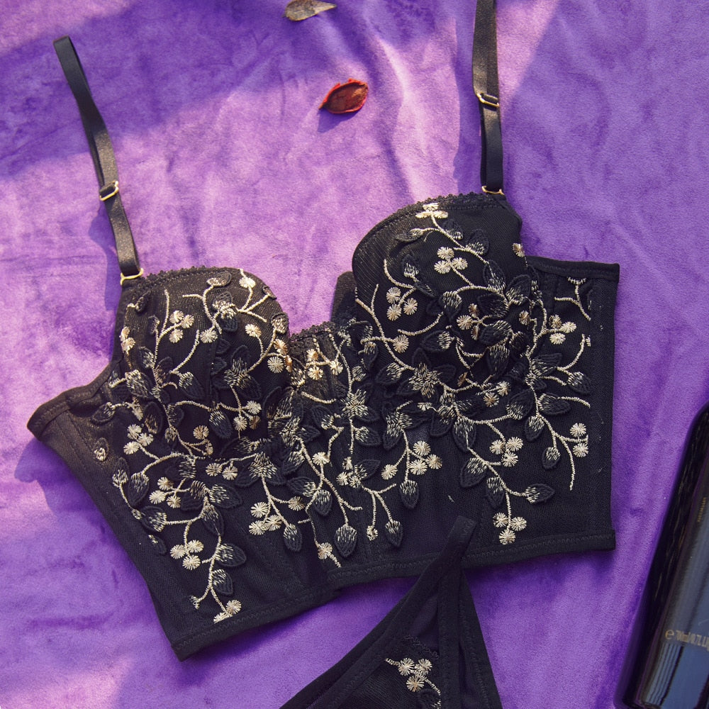 Floral Embroidery Corset Top and Panties Set