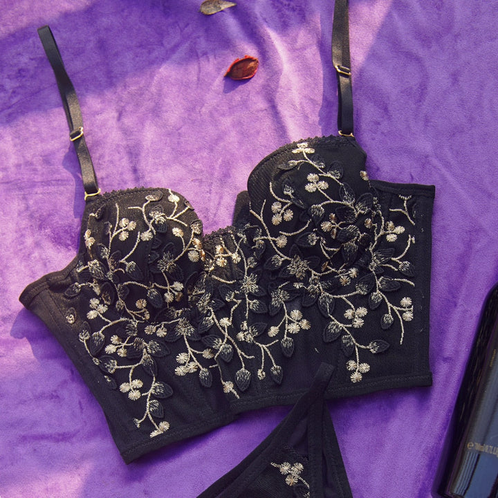 Floral Embroidery Corset Top and Panties Set