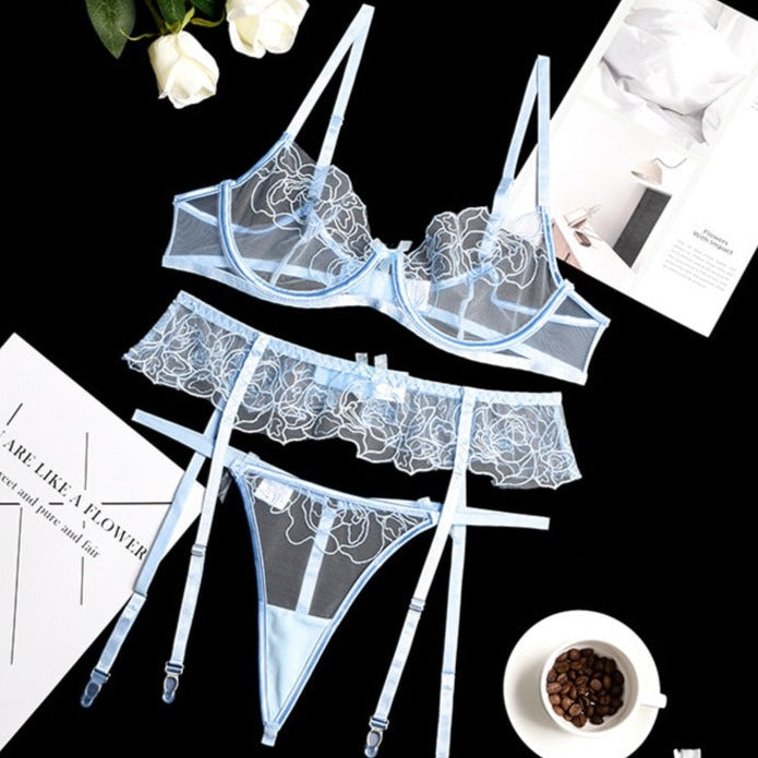 3-Piece Rose Print Lace Bow Lingerie Set Garter