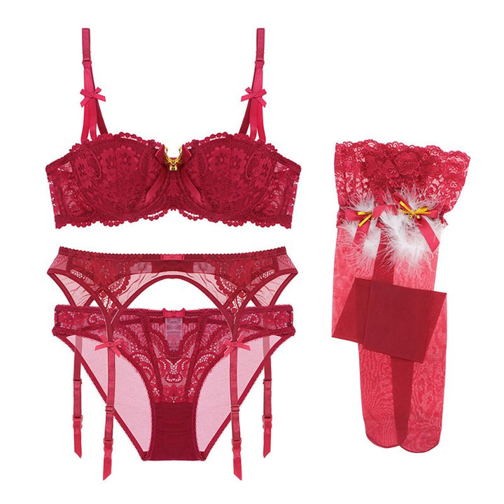 Lace Bra Panties Garter Belt and Stockings Set