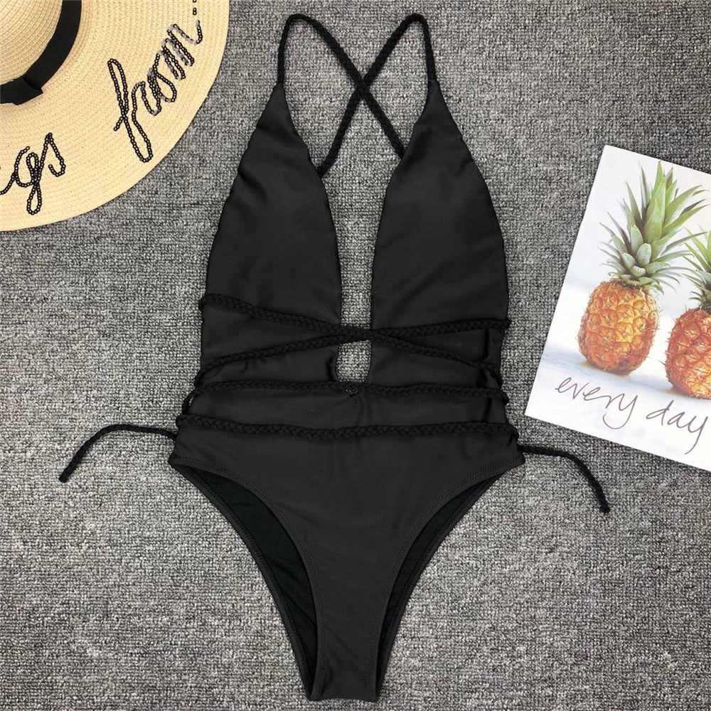 Plunge-Neck One-Piece Swimsuit Decorative Cord Detail
