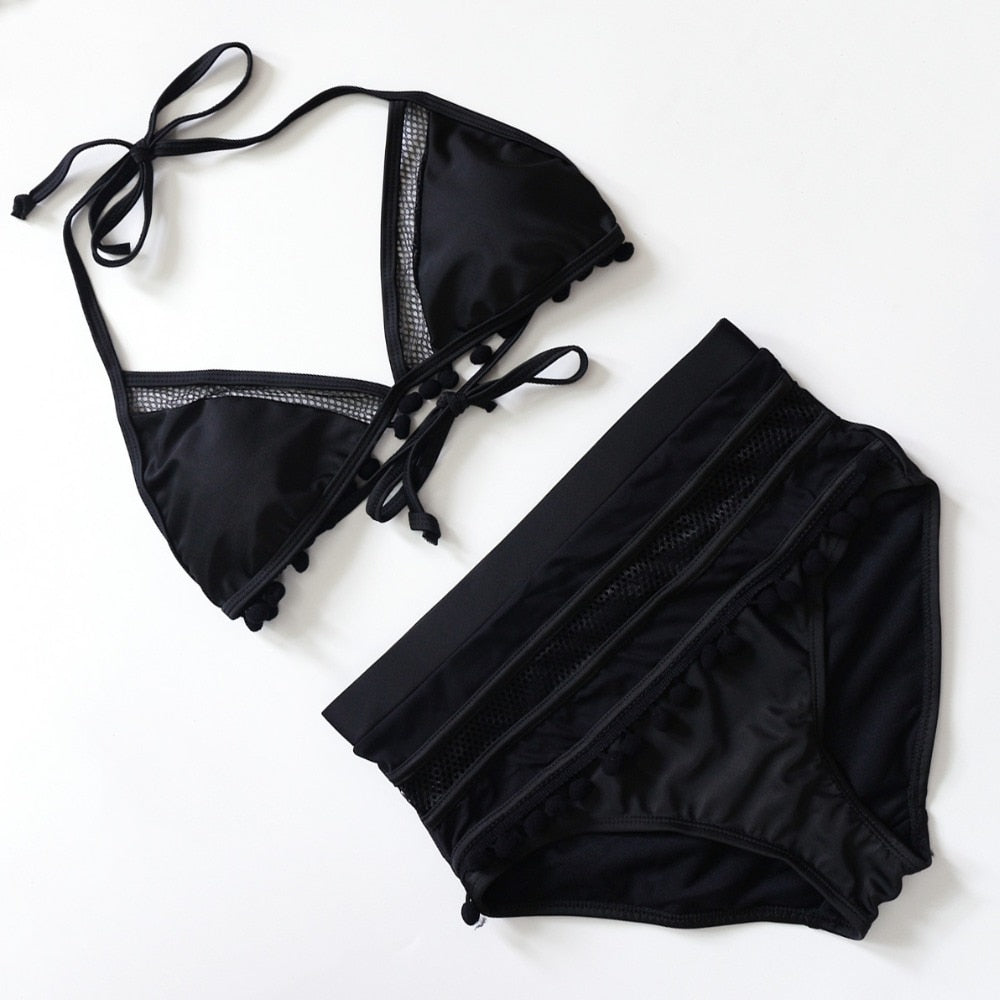 Pom-Pom Trim Figure-Enhancing Two-Piece Swimsuit