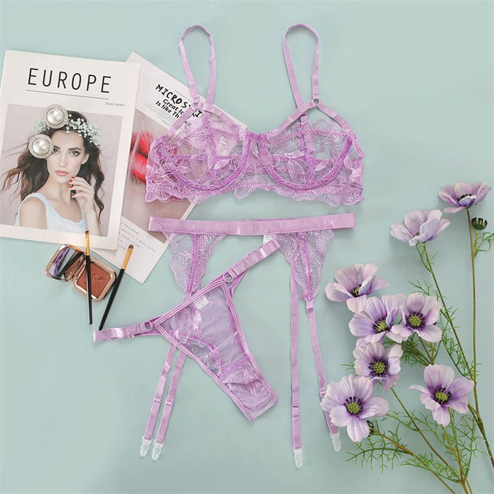 Lace Bra Thong and Garter Belt Set