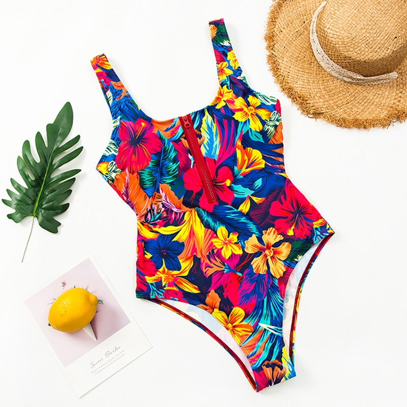 Zip-Neckline Multi-Pattern One-Piece Swimsuit