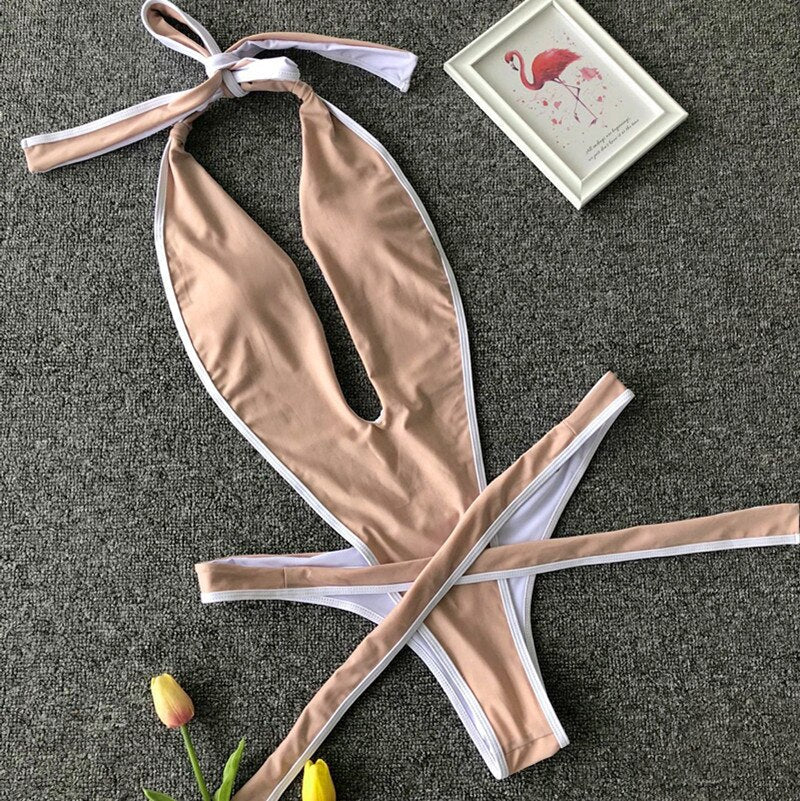 Deep-Neckline Multi-Pattern One-Piece Swimsuit