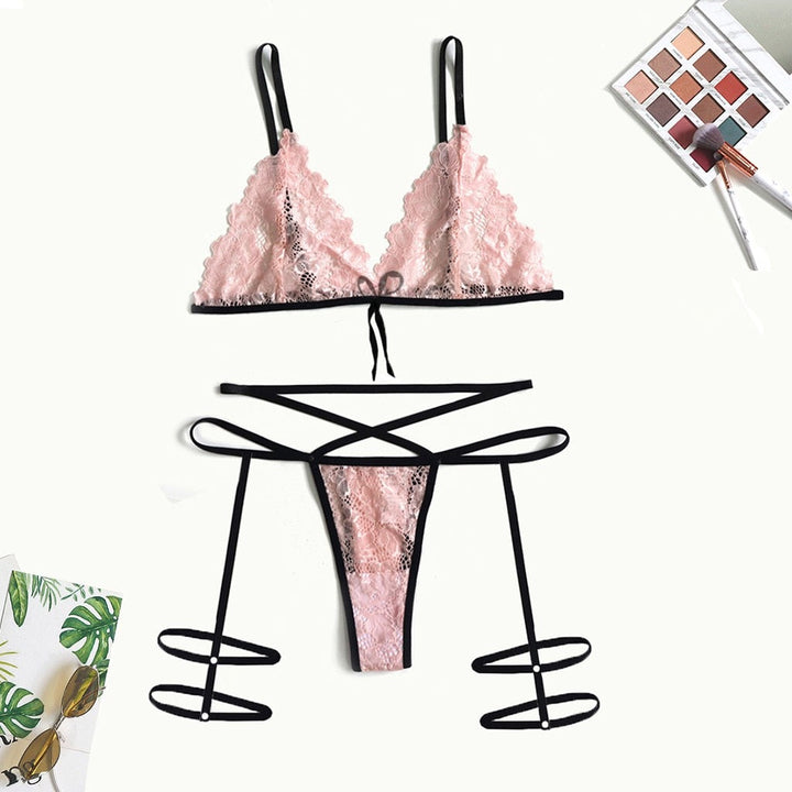 Powder Pink Lace Bra Thong Waist-Strap Set