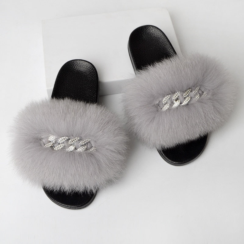Faux Fur Slippers with Decorative Chain