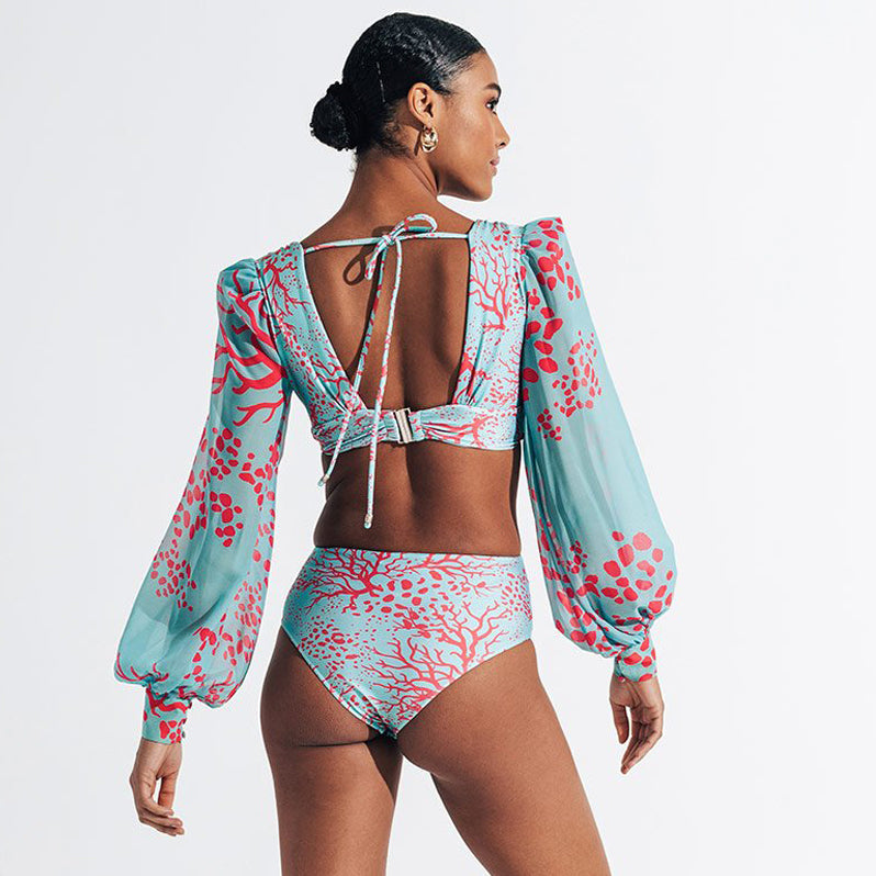 Boho Puff-Sleeve One-Piece Swimsuit Waist Cut-Out