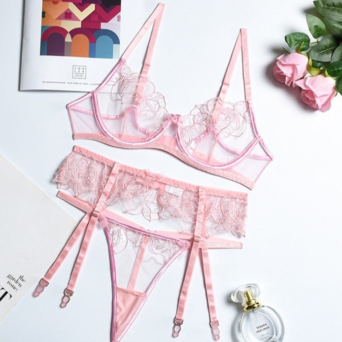 3-Piece Rose Print Lace Bow Lingerie Set Garter