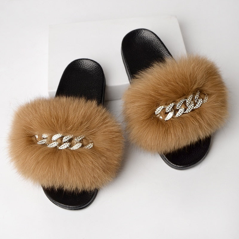 Faux Fur Slippers with Decorative Chain