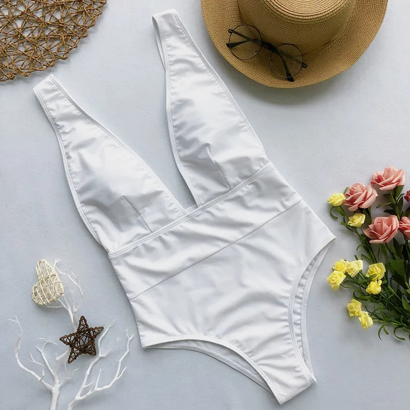Deep-Neckline Plunging One-Piece Swimsuit