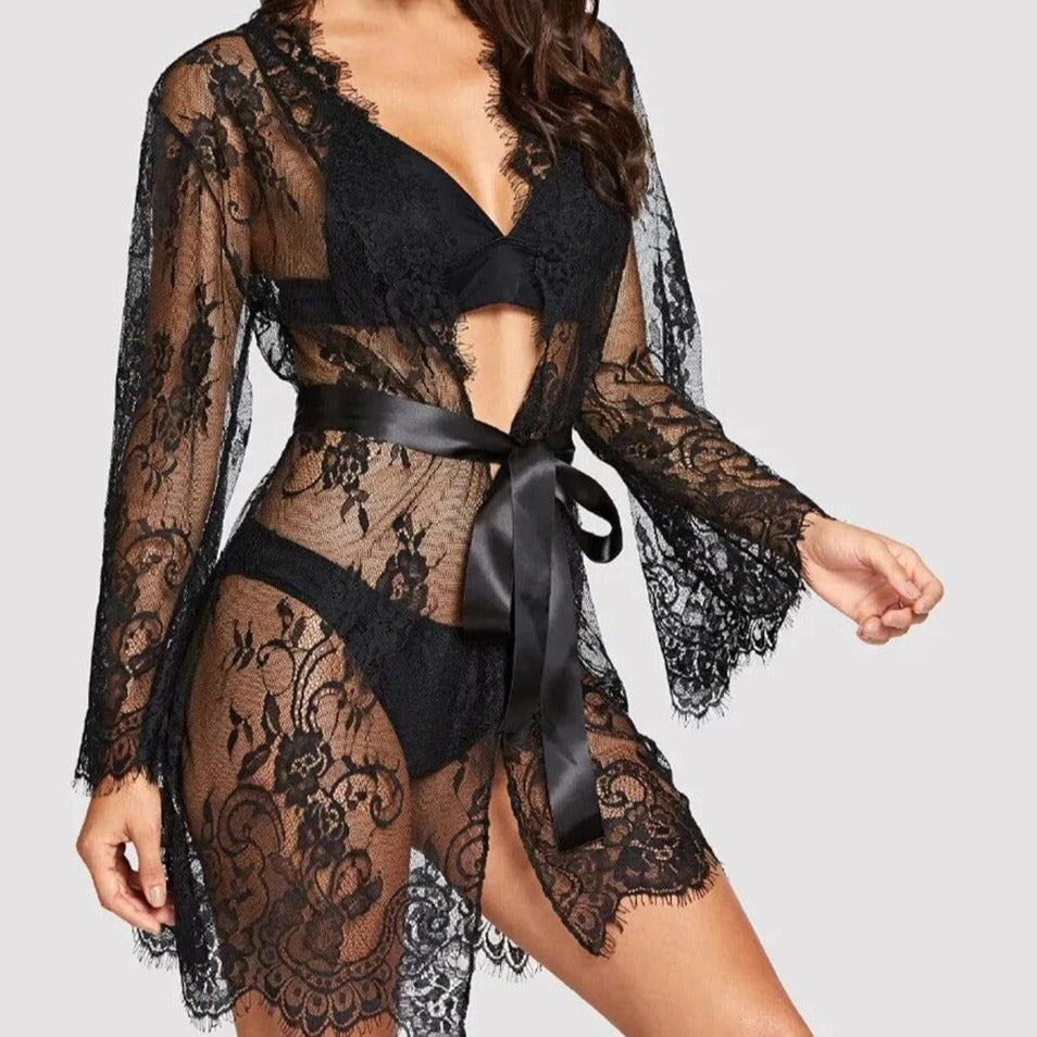 Short Floral Lace Mesh Women's Robe