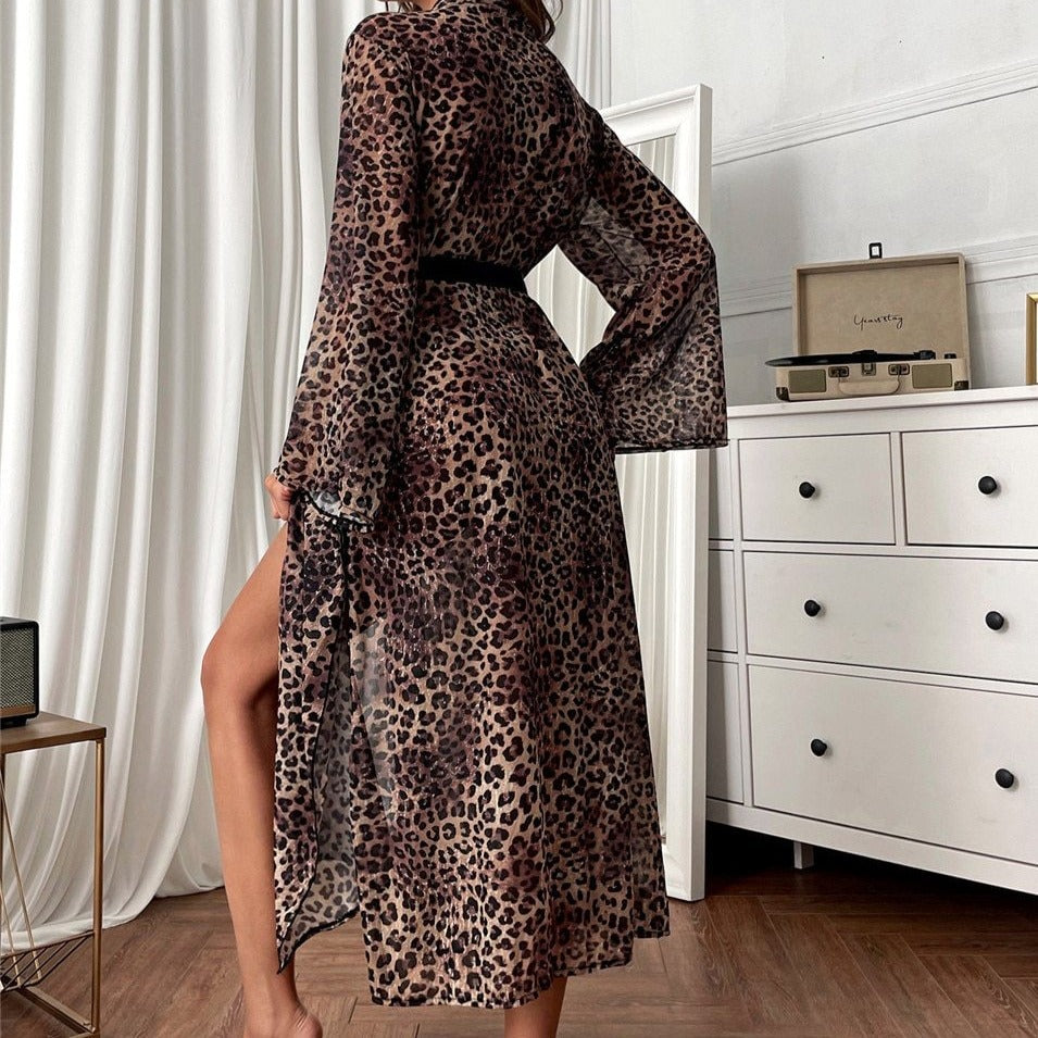 Long Leopard Print Tie-Belt Side-Slit Lightweight Robe