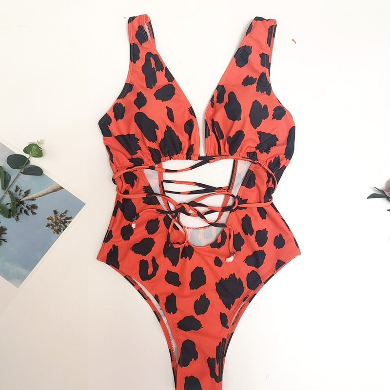 Deep-Neckline Multi-Pattern One-Piece Swimsuit