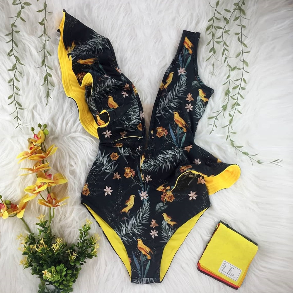 Plunge-Neck Waist-Ruffle Adjustable One-Piece Swimsuit