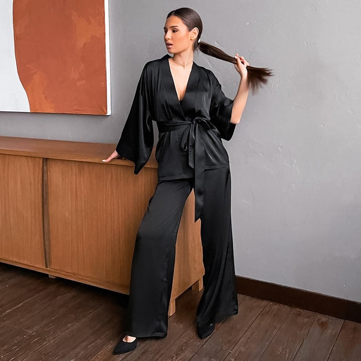 Long Satin Shirt and Pants Pyjama Set
