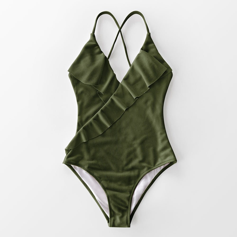 Ruffle-Strap Slim One-Piece Swimsuit Flattering