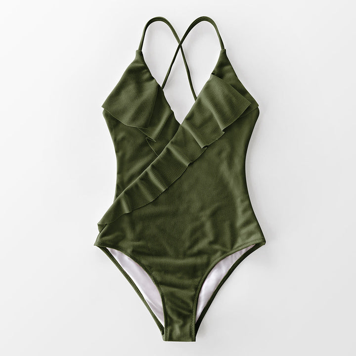 Ruffle-Strap Slim One-Piece Swimsuit Flattering