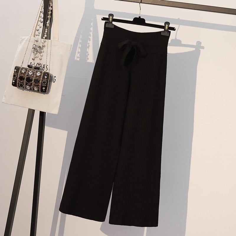 Ribbed Knit Straight-Leg Tie-Waist Soft Pants