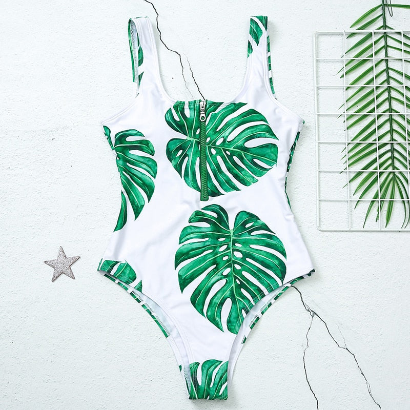 Zip-Neckline Multi-Pattern One-Piece Swimsuit