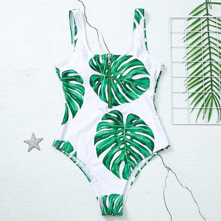 Zip-Neckline Multi-Pattern One-Piece Swimsuit