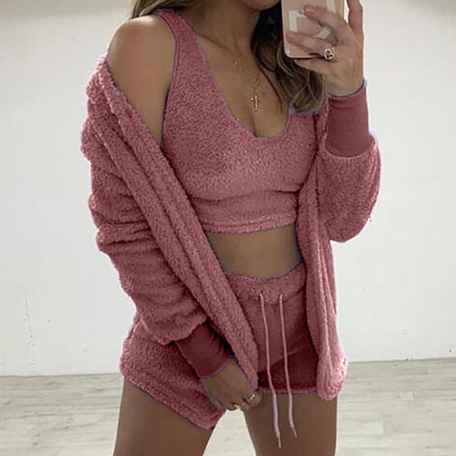 3-Piece Sweatshirt Top and Shorts Knit Set