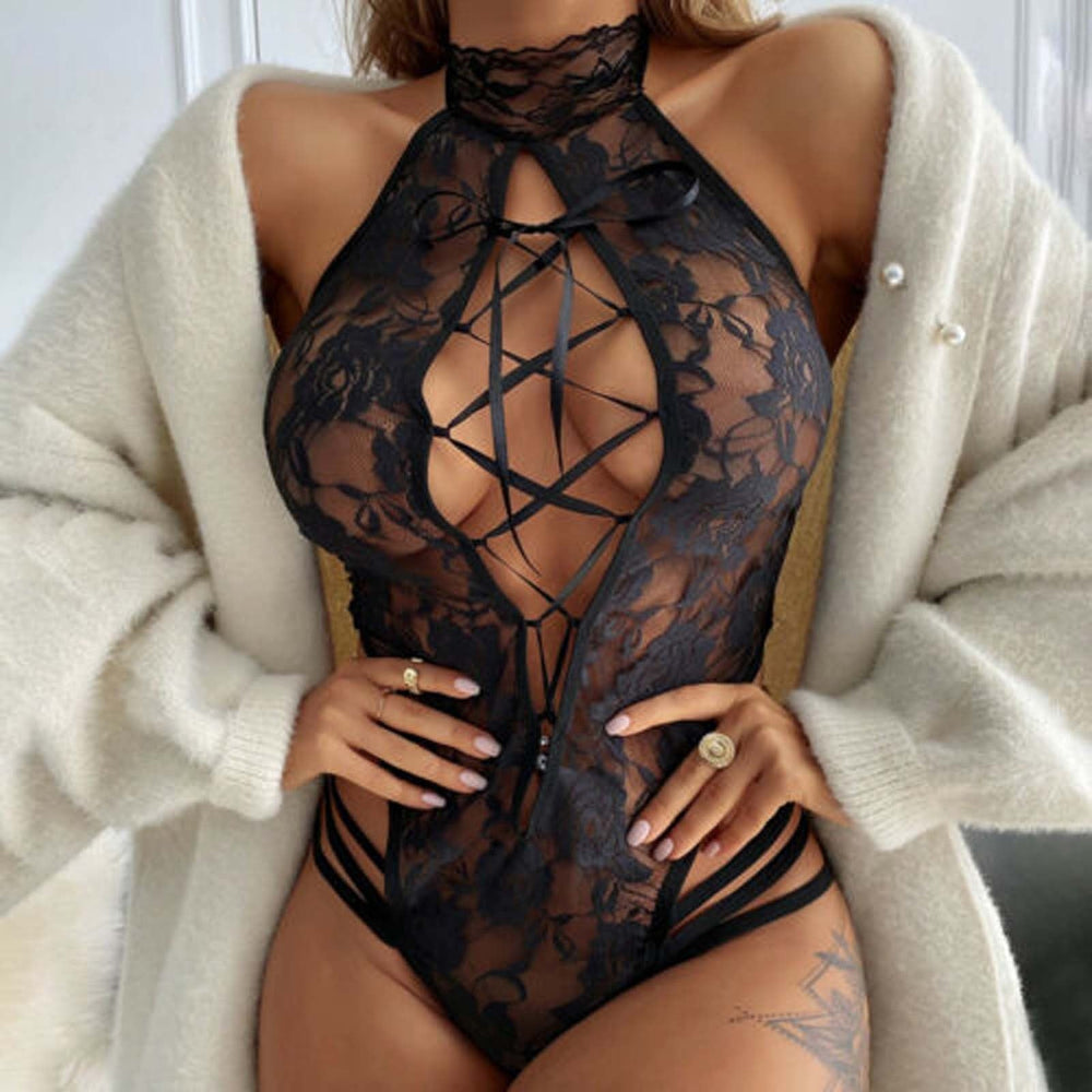 Black Lace Choker-Tie Neckline Hip-Strap Bodysuit