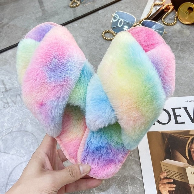 Faux Fur-Trim Soft Colourful Design Slippers
