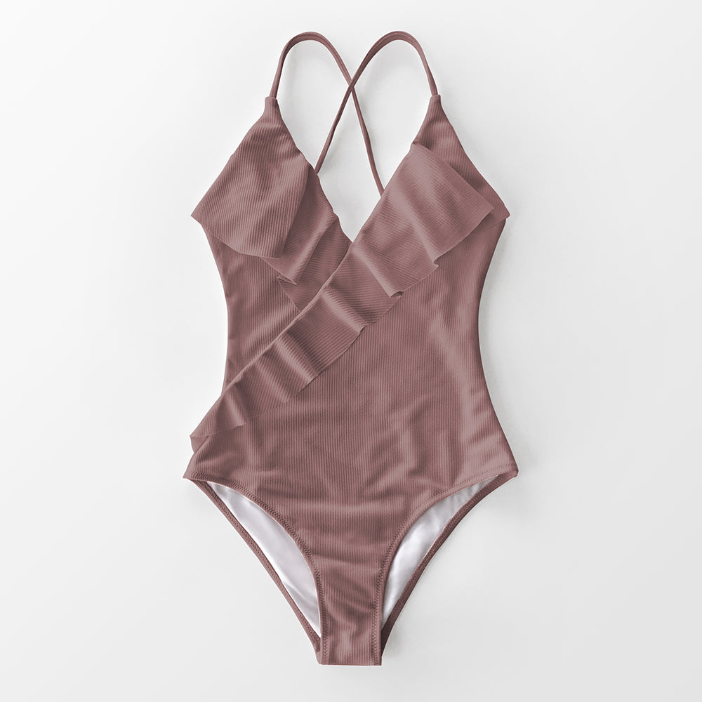 Ruffle-Strap Slim One-Piece Swimsuit Flattering