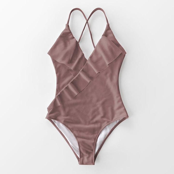 Ruffle-Strap Slim One-Piece Swimsuit Flattering