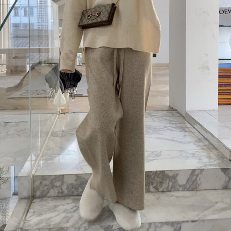 Straight-Leg Tie Belt Relaxed Pants Smooth Fabric