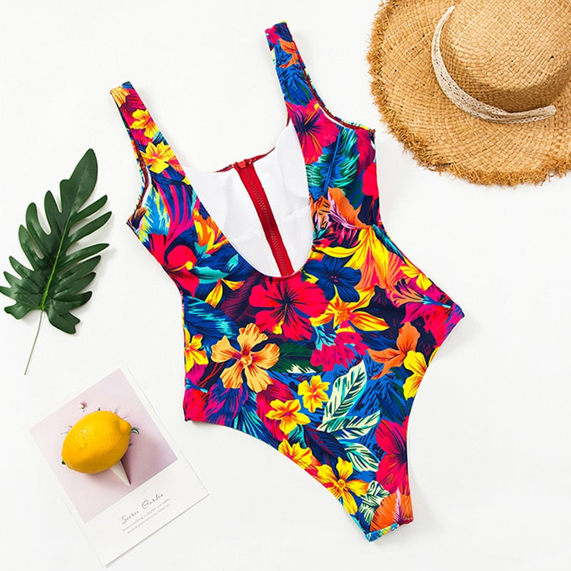 Zip-Neckline Multi-Pattern One-Piece Swimsuit