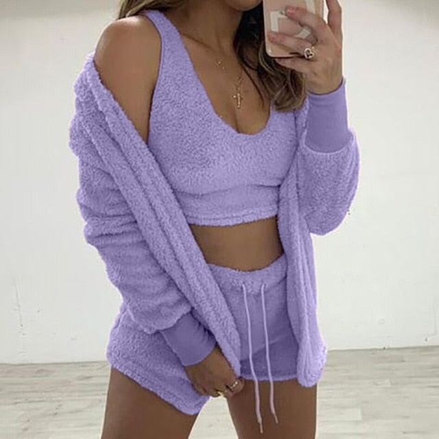 3-Piece Sweatshirt Top and Shorts Knit Set