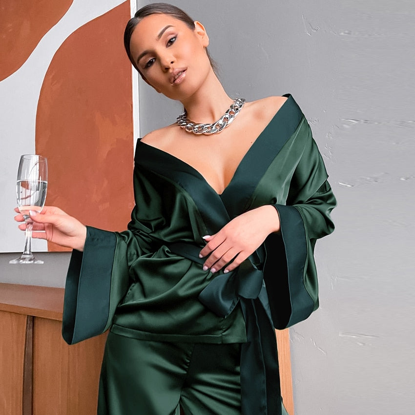 Long Satin Shirt and Pants Pyjama Set